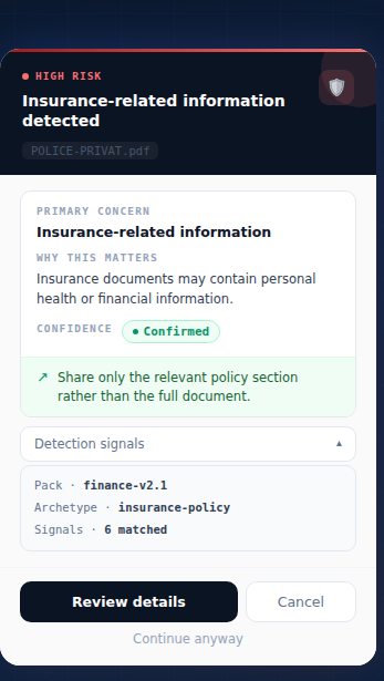 Ai Notice extension modal showing an insurance-related information notice with confidence level and action buttons